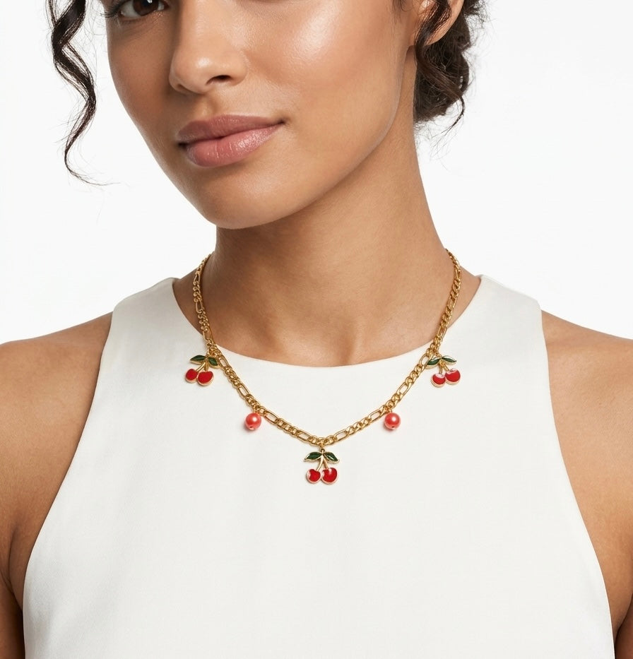 Three Cherries Charm Necklace
